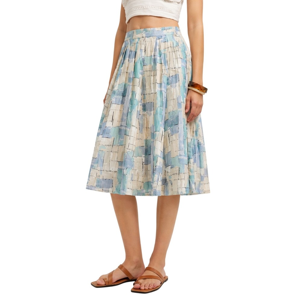 Stussy Womens Abstract Print Pleated Midi Skirt Blue Cream Plus Size 24W